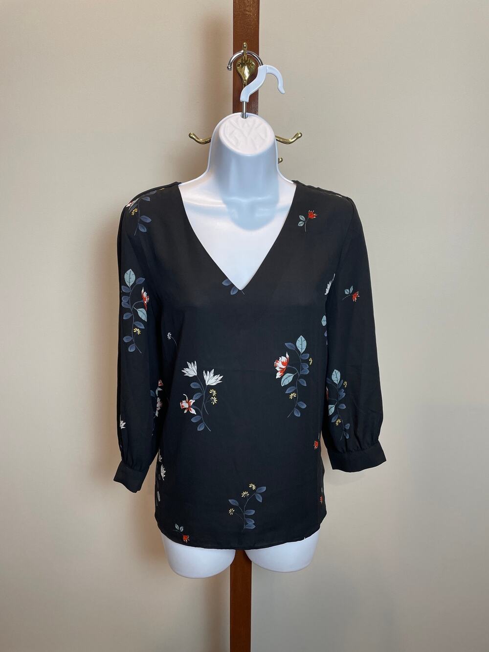 Cooper & Ella Size M Black Semi‑Sheer Chiffon Floral Long Sleeve Top